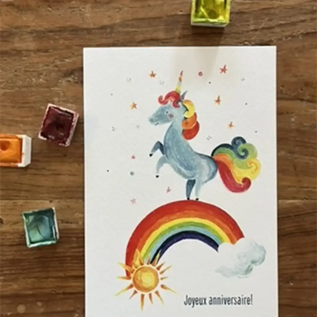 Carte Postale Anniversaire - Licorne Arc en Ciel