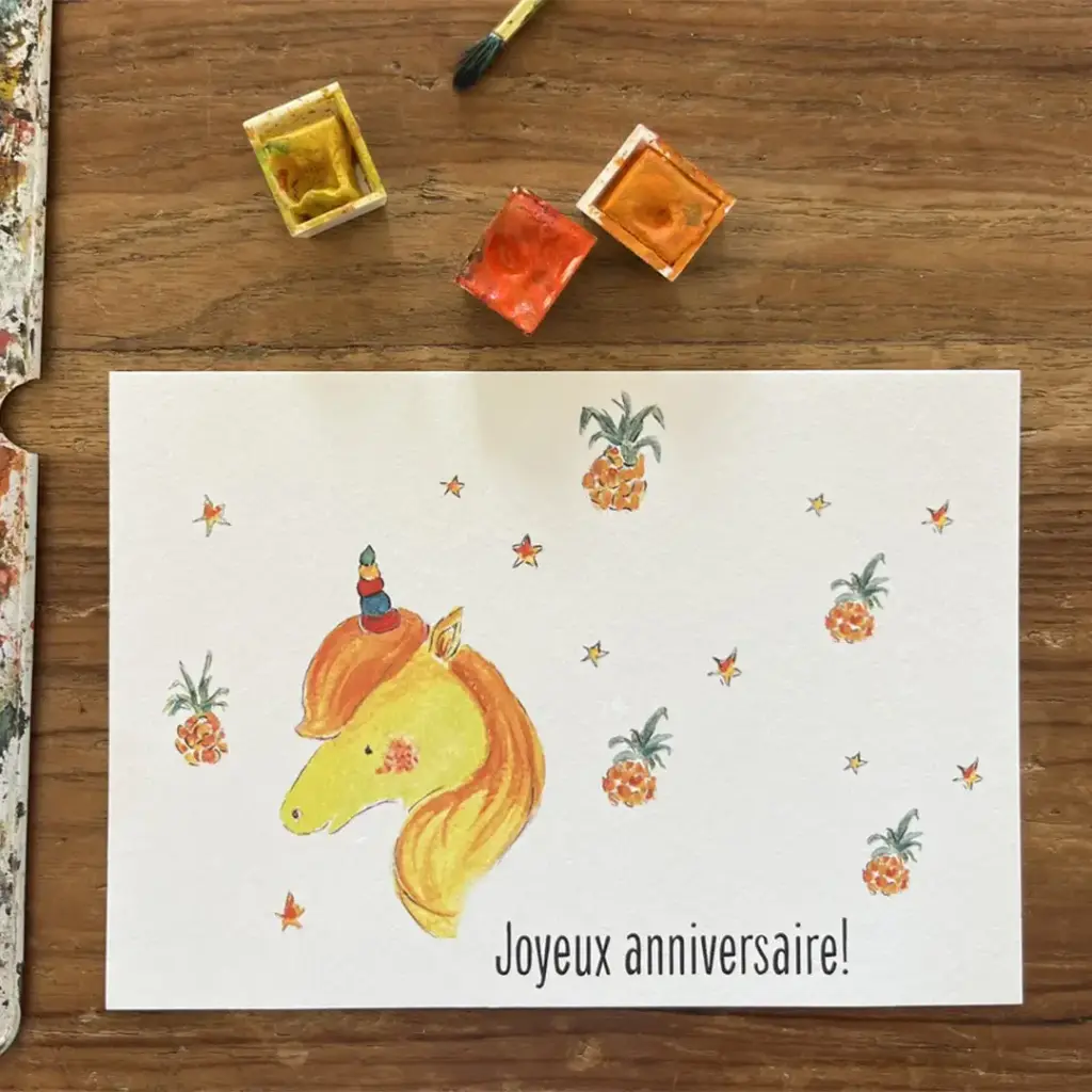 Carte Postale Anniversaire - Licorne Jaune