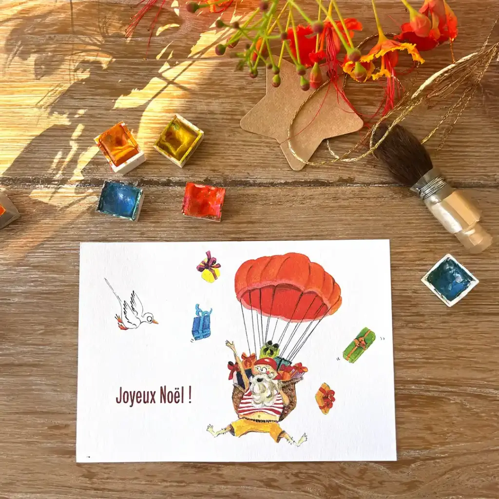 Carte Postale Noël - Père Noël en Parachute
