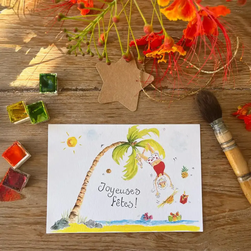 Carte Postale Noël - Père Noël Suspendu Au Cocotier