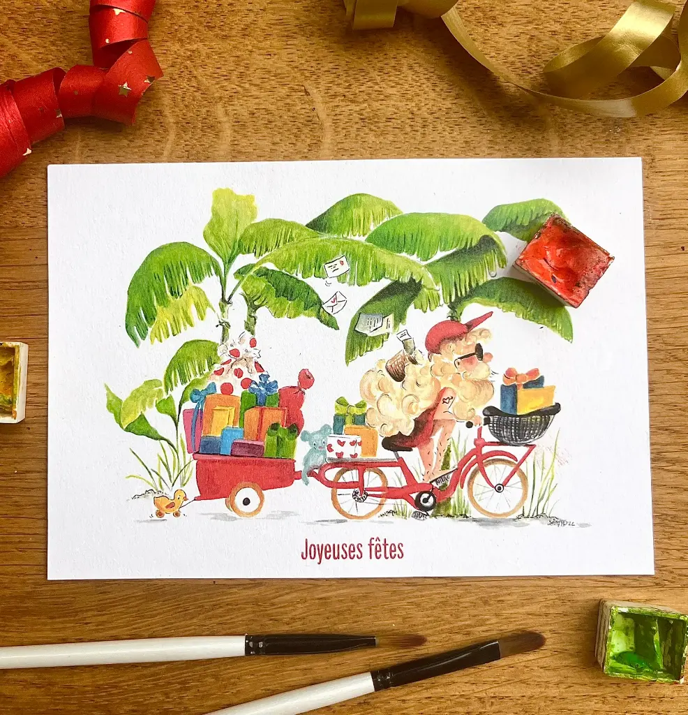 Carte Postale Noël - Père Noël À Vélo