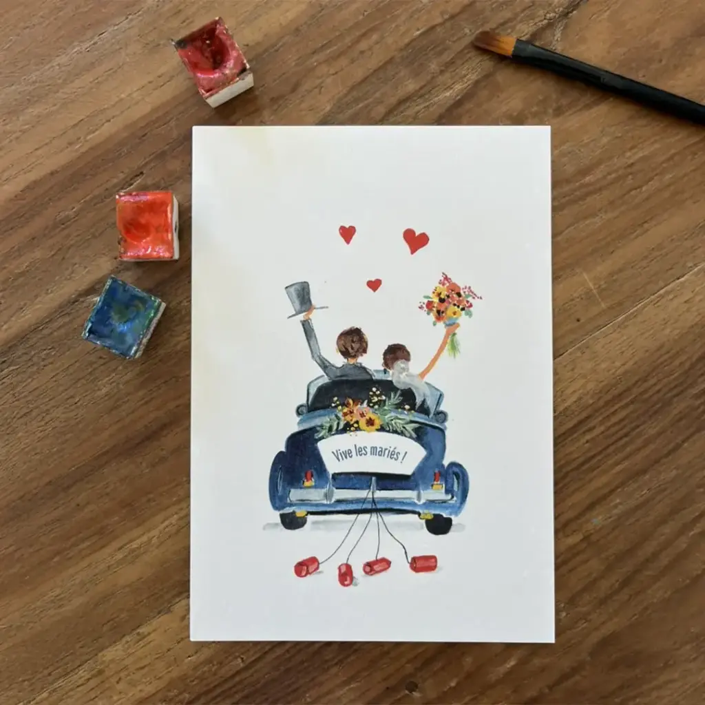 Carte Postale Vive Les Mariés en Voiture Bleue