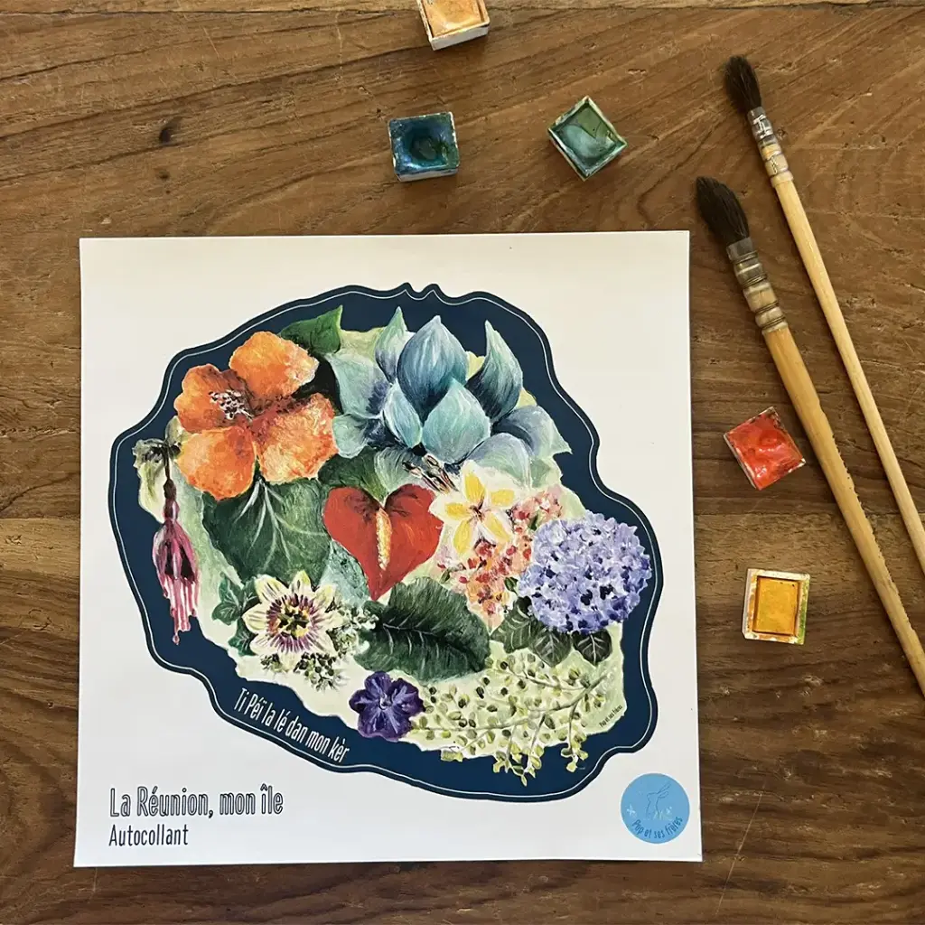 [0830] Sticker - L'Île Aux Fleurs Sur Fond Bleu