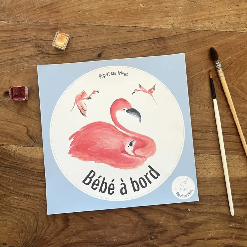 [0854] Sticker Bébé À Bord - Flamant Rose Français