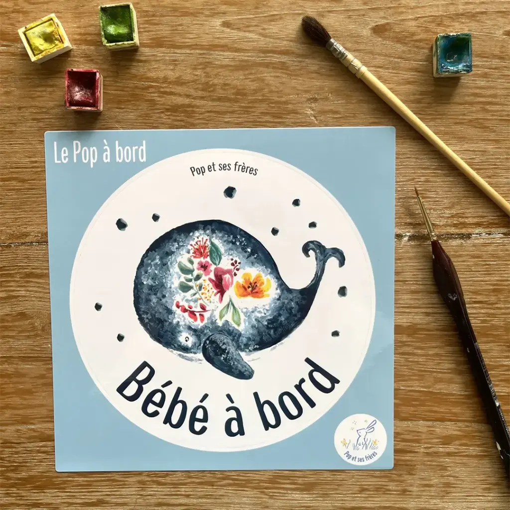 [0915] Sticker Bébé À Bord - La Baleine et les Fleurs Français