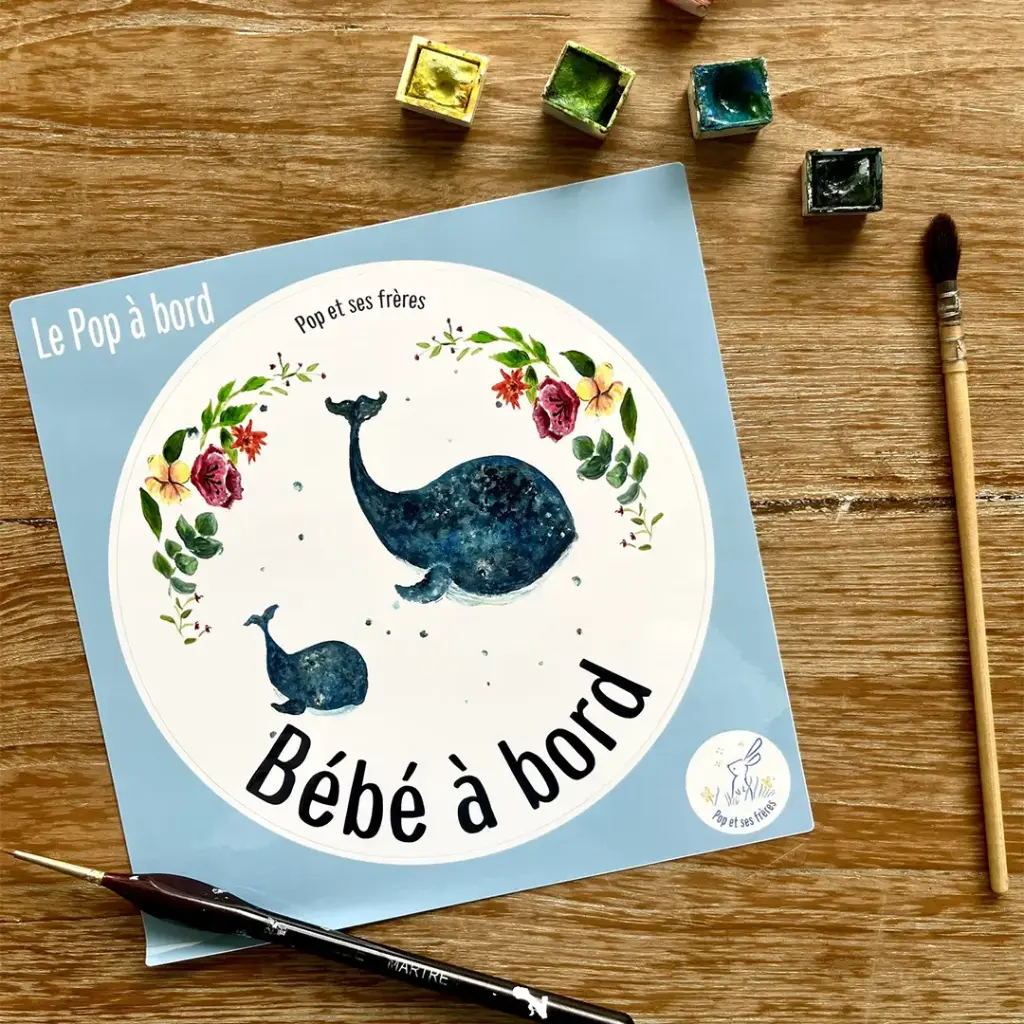[0946] Sticker Bébé À Bord - La Baleine et Son Baleineau Fleurs Français