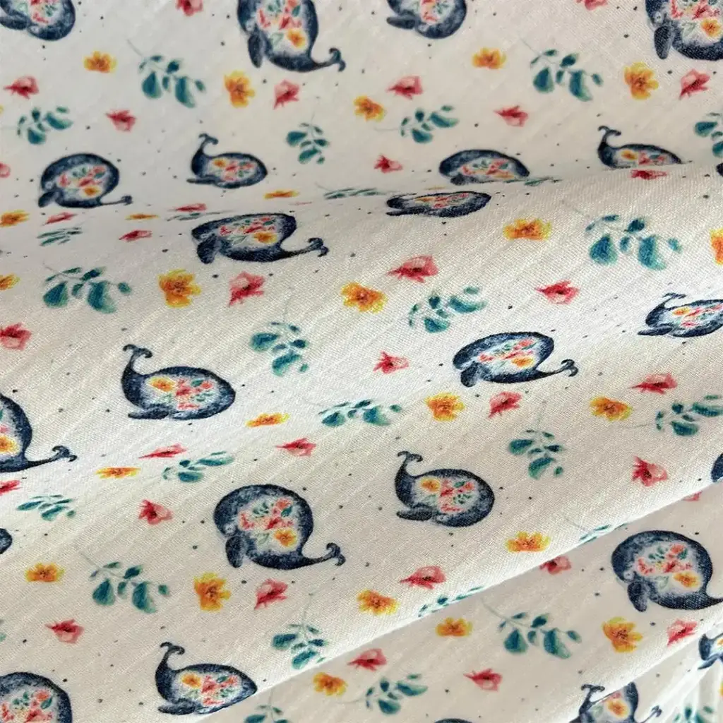 [6771] Tissu Double Gaze de Coton - La Baleine et les Fleurs