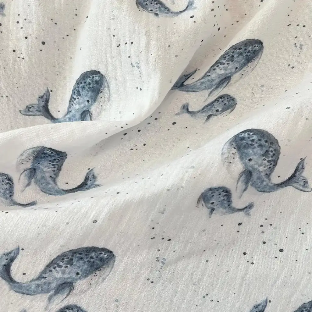 [0571] Tissu Double Gaze de Coton - Les Baleines Bleues