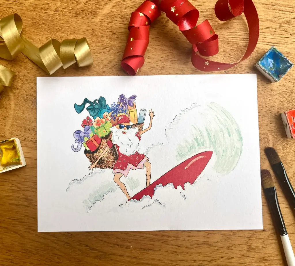 Carte Postale Noël - Père Noël Surfing