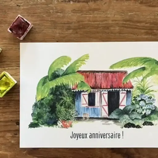 [4371] Carte Postale Anniversaire - La Case Créole Toit Rouge