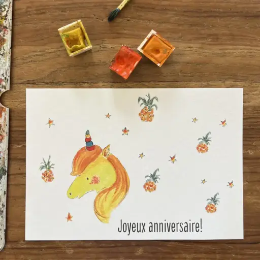 [4340] Carte Postale Anniversaire - Licorne Jaune