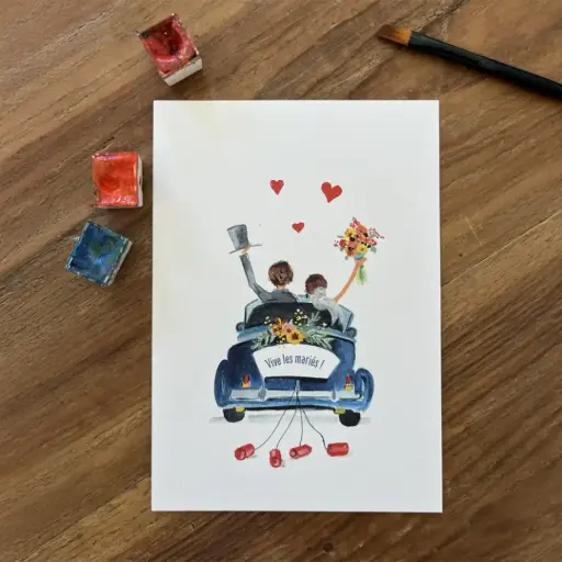 [3169] Carte Postale Vive Les Mariés en Voiture Bleue