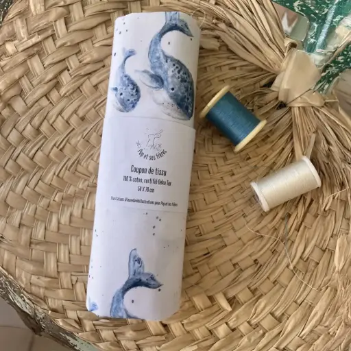 [3114] Coupon de Tissu Coton Oeko Tex - Les Baleines Bleues