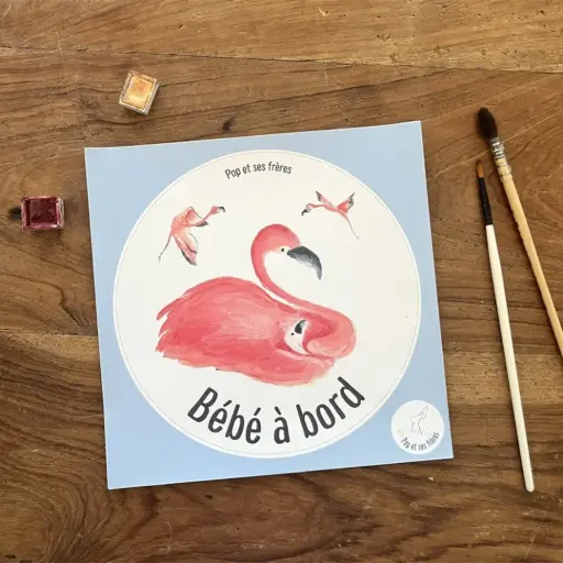 [0854] Sticker Bébé À Bord - Flamant Rose Français