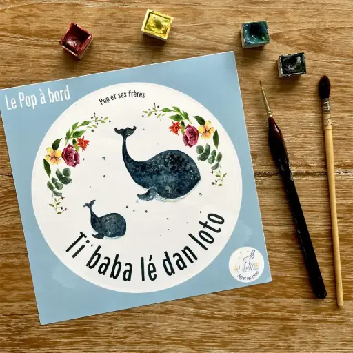 [0953] Sticker Bébé À Bord - La Baleine et Son Baleineau Fleurs Créole