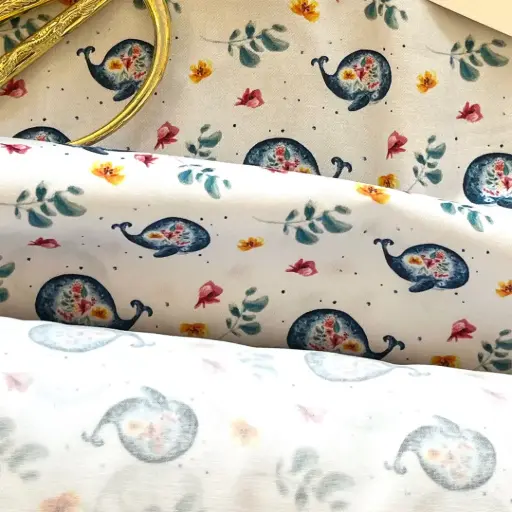 [6740] Tissu Coton Oeko Tex - La Baleine et les Fleurs