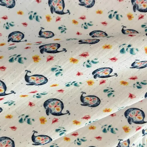 [6771] Tissu Double Gaze de Coton - La Baleine et les Fleurs